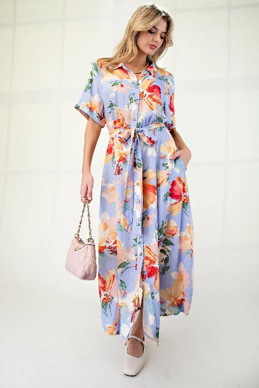 Periwinkle Floral Linen Blend Shirt Dress