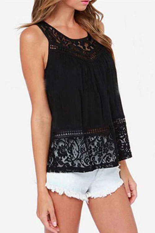 Custom Crew Neck Lace Backless Slit Sleeveless Black Camis