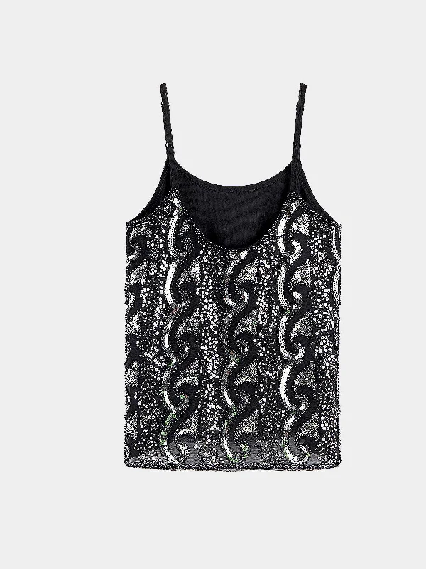 Custom Black Sequin And Bead Strappy Cami Top