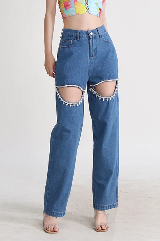 TastyHottie - High Rise Beading Cutout Straight Denim Jeans