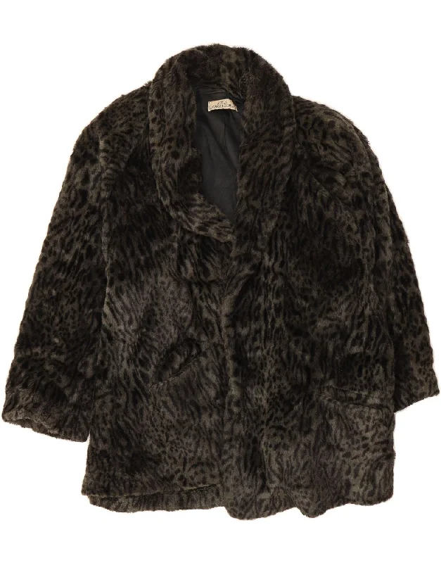 ATOS LOMBARDINI Womens Faux Fur Overcoat UK 22 3XL Black Animal Print