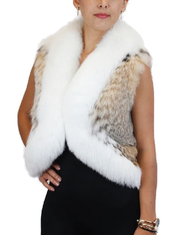 NATURAL MONTANA LYNX FUR VEST WITH WHITE SHADOW FOX FUR TRIM