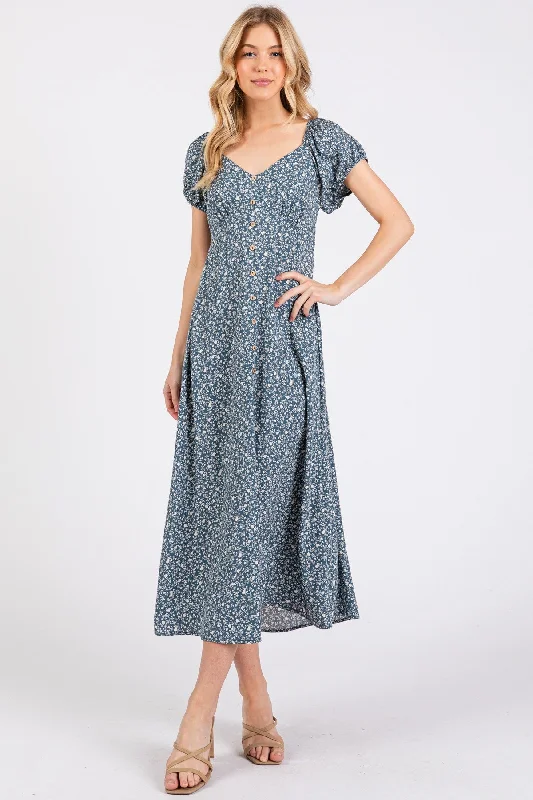 Teal Floral V-Neck Button Front Midi Dress