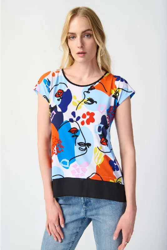 Joseph Ribkoff Vanilla/Multi Abstract Face Print Short Sleeve Hi-Low Top 241308