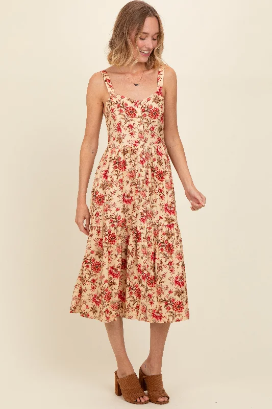 Cream Floral Sweetheart Neck Button Down Midi Dress