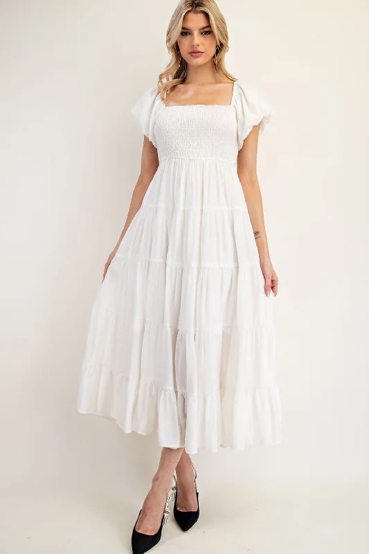 White Smocked Puff Sleeve Tiered Maxi Dress