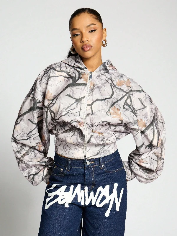 SUMWON WOMEN Crop Camo Print Hoodie With Balloon Sleeve