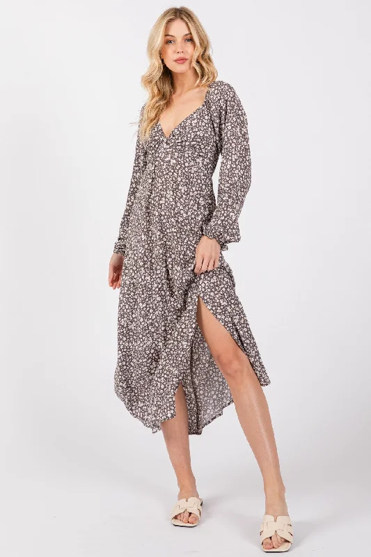 Mocha Floral Twist Front Long Sleeve Midi Dress