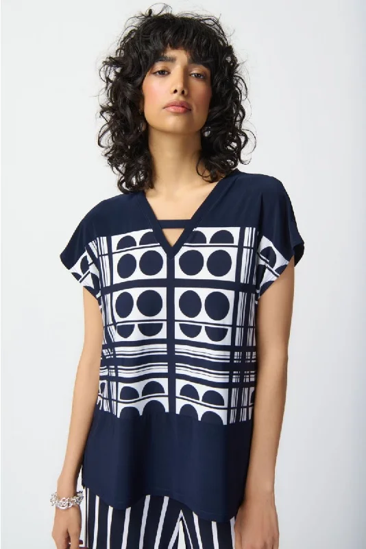 Joseph Ribkoff Midnight Blue/Vanilla Geometric Print Cutout V-Neck Top 241117