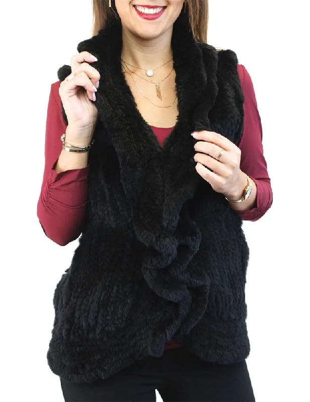 BLACK KNITTED REX RABBIT FUR VEST