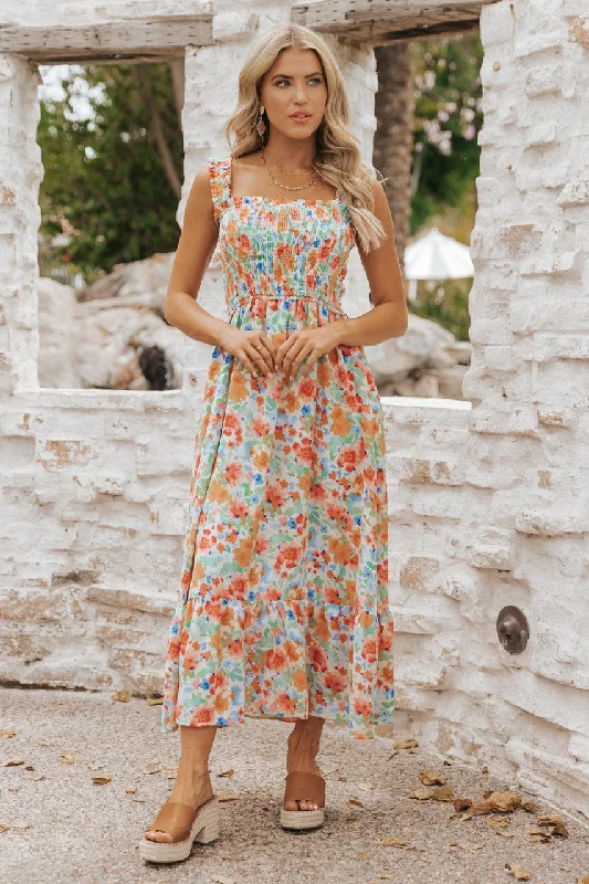 Caribbean Green Floral Smocked Maxi Dress