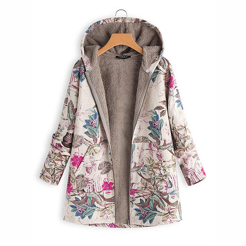 Women's printed hoodies winter new women's high-quality cotton and linen warm plush jacket large size casual loose shirt