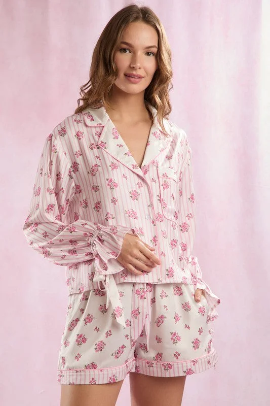 Soft Girl Era Floral Striped Satin Pajama Top