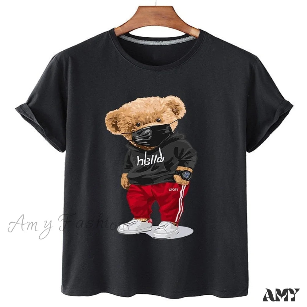 Amy Fashion - Cotton Sports Mask Bear Print Short-sleeved T-shirt