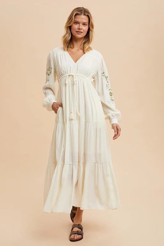 Cream Embroidered Long Sleeve Maxi Dress