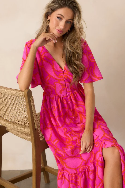 Budding Hearts Magenta Floral Button Front Maxi Dress