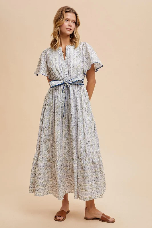 Blue Floral Flutter Sleeve Waist Tie Maxi Dress