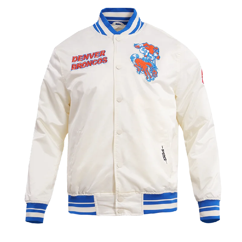 NFL DENVER BRONCOS RETRO CLASSIC MEN'S RIB SATIN JACKET (EGGSHELL/ ROYAL BLUE)