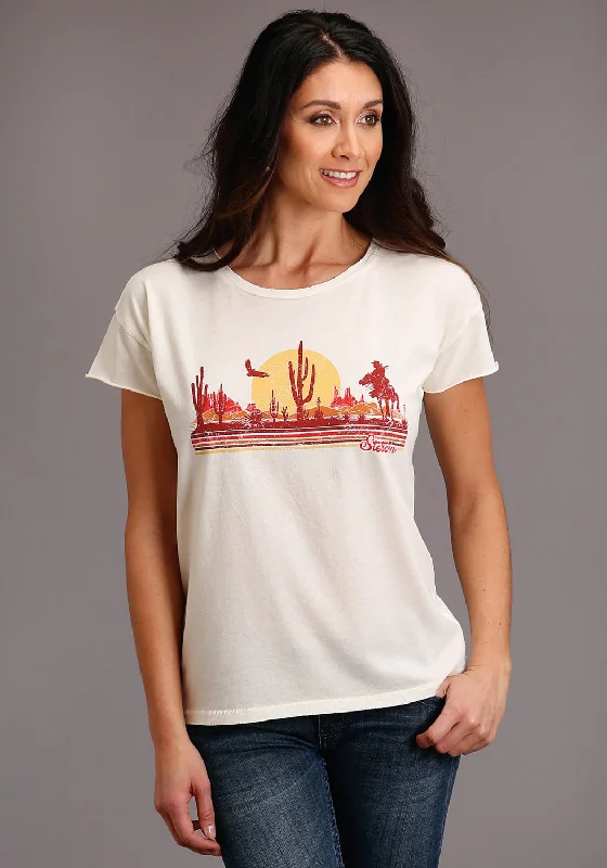 Stetson Womens White 100% Cotton Distressed Cowgirl S/S T-Shirt