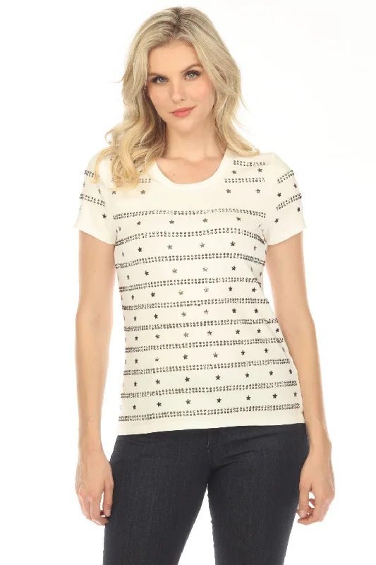 Tricotto White Studded Stars Stripes Short Sleeve Knit T-Shirt Top 458