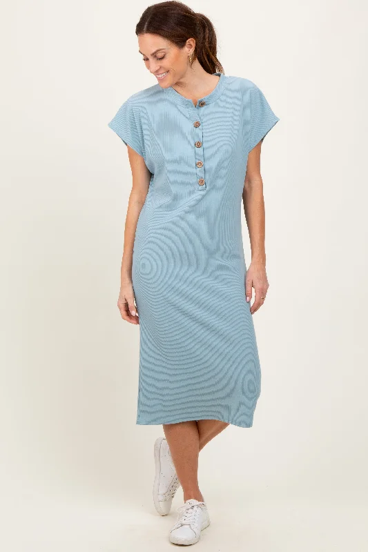 Blue Solid Ribbed Short Sleeve Button Down Knit Midi Dress