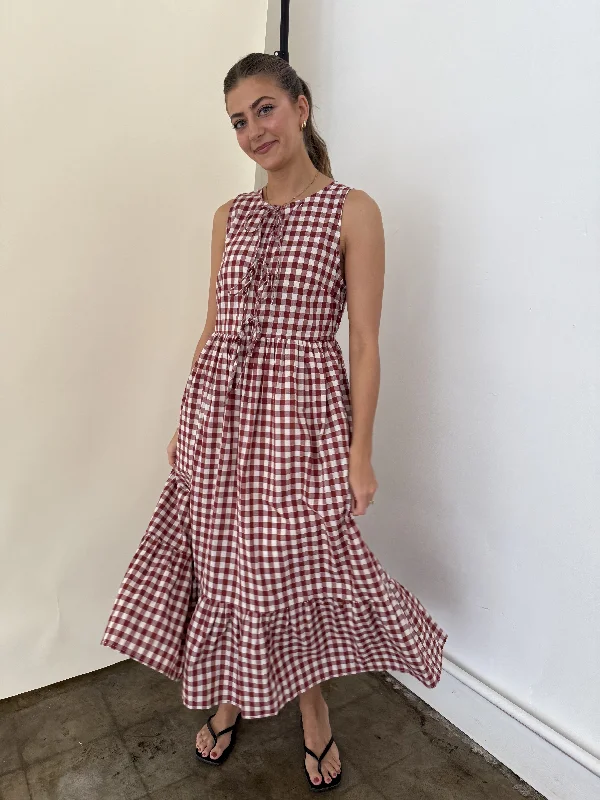 Things Between Maeve Cotton Gingham Tie Top Midi Dress (Red)