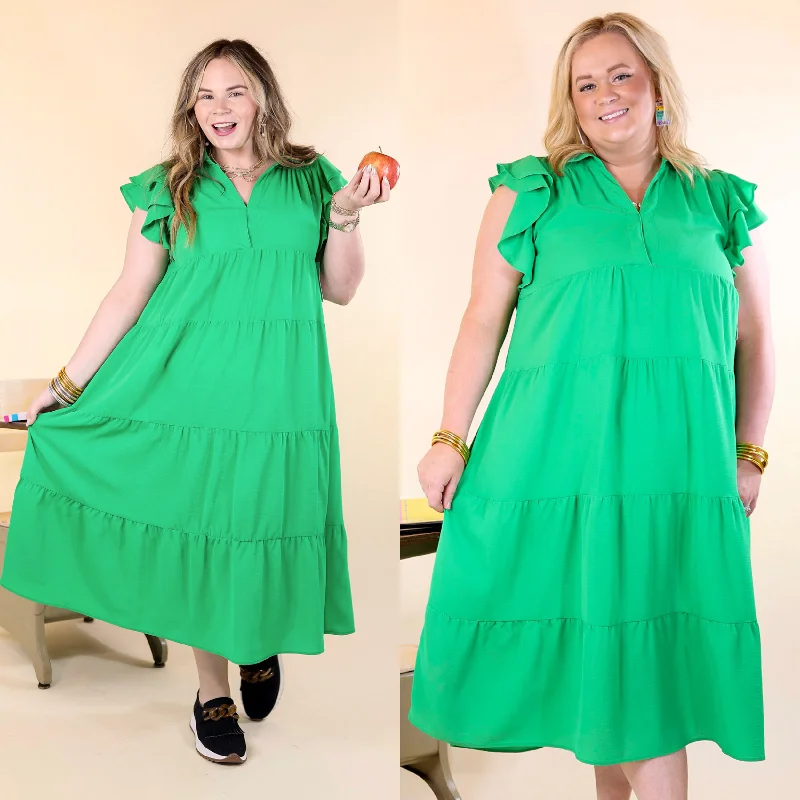 All Of A Sudden Tiered Midi Dress with Ruffle Cap Sleeves in Green