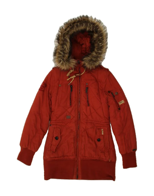 KHUJO Womens Hooded Padded Coat UK 14 Large Red Cotton