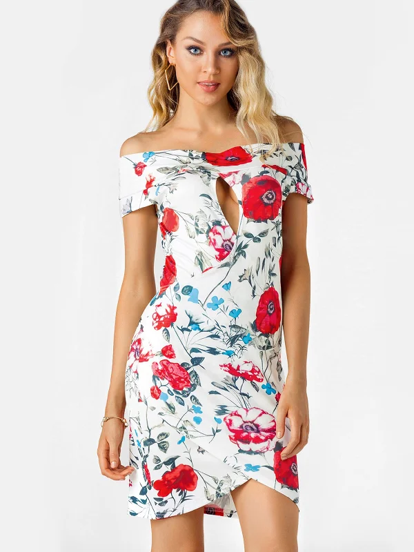 Wholesale Off The Shoulder Short Sleeve Floral Print Crossed Front Backless Cut Out Mini Dress