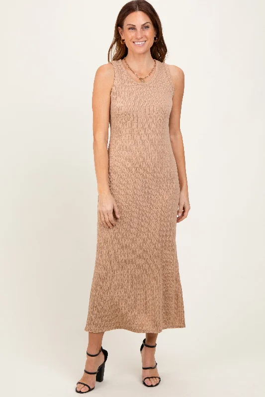 Light Taupe Jacquard Sleeveless Side Slit Midi Dress