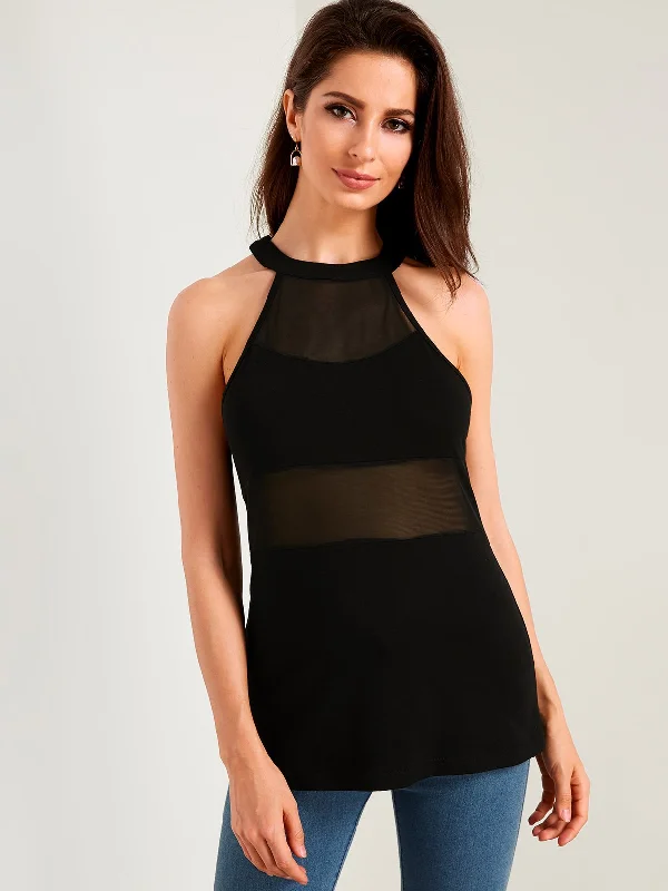 Custom See Through Design Plain Halter Sleeveless Camis