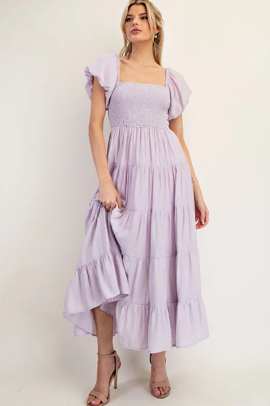 Lavender Smocked Puff Sleeve Tiered Maxi Dress